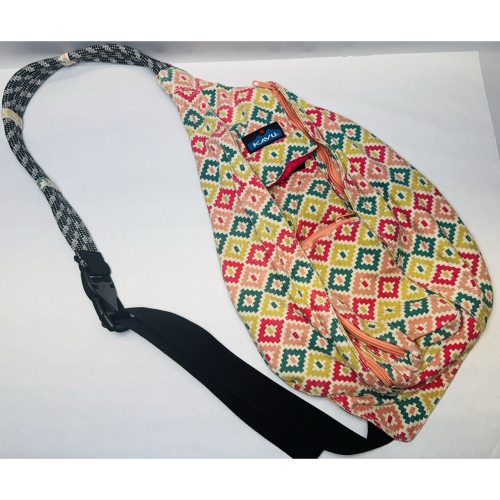 KAVU Crossbody 4 Rope Sling Bag Backpack Tribal Aztec Geometric Pink Multicolor
